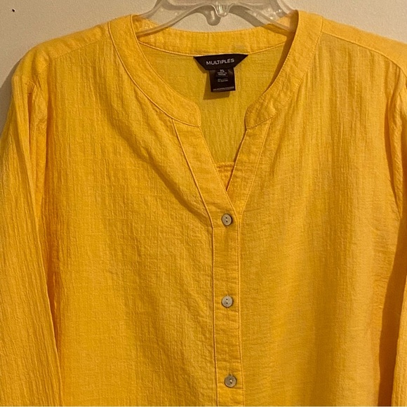 MULTIPLES Blouse Women Size XL Yellow Button Front Buttons Tie 3/4 Sleeve V-Neck - Picture 4 of 8